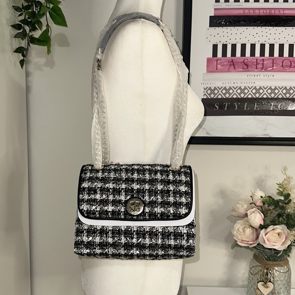 KATE SPADE-Chanel look tweed Blk & Wht Natalia Flap Crossbody Shoulder Bag NWT - Picture 3 of 16